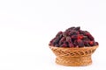 ripe mulberry in brown basket is a fruit with vitamins. on white background healthy mulberry fruit food isolated Royalty Free Stock Photo