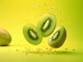 Ripe natural green kiwis, cut into slices, fly in the air with drops of water on a yellow background, fruit levitation