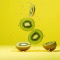 Ripe natural green kiwis, cut into slices, fly in the air with drops of water on a yellow background, fruit levitation