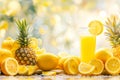 Ripe natural Pineapples and glass of fresh pineapple juice in water with drops against neutral background Royalty Free Stock Photo