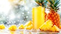 Ripe natural Pineapples and glass of fresh pineapple juice in water with drops against neutral background Royalty Free Stock Photo