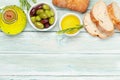 Ripe olives, olive oil and ciabatta bread Royalty Free Stock Photo