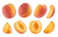 Ripe orange apricot with pink side - set isolated on white background, whole and cut on half, pieces, different sides Royalty Free Stock Photo