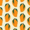 Ripe orange mango hand drawn vector illustration. Thailand tropical fruit seamless pattern . Royalty Free Stock Photo