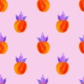 Ripe orange peaches, persimmons on a pink background. Seamless pattern illustration with acrylic. Royalty Free Stock Photo