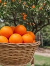 Ripe oranges in a basket on a background of orange trees. ai generated Royalty Free Stock Photo