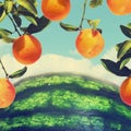 Ripe oranges grow on the branches over the watermelon like over the Earth. Blue sky in the background. Rich Harvest