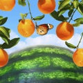 Ripe oranges grow on the branches over the watermelon like over the Earth. Butterfly flies. Blue sky background. Rich Harvest