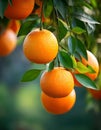 Ripe oranges hanging from branches with green leaves