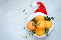 Ripe oranges in the hat of Santa Claus with boxwood plant on a blue background. Festive mood, Christmas and New Year. Royalty Free Stock Photo