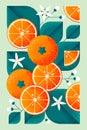 Ripe oranges with leaves and flowers. Illustration with grain and noise texture.