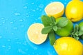 Ripe Organic Citrus Fruits Lemon Limes Whole and Halved with Fresh Mint on Light Blue Background with Water Drops. Morning Sunligh Royalty Free Stock Photo