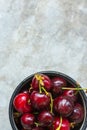 Ripe Organic Freshly Picked Wet Sweet Cherries in Vintage Enamel Mug on Grey Metal Stone Concrete Background. Garden Table Royalty Free Stock Photo