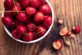 Ripe organic homegrown cherries and stones in a vintage ceramic bowl