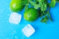 Ripe Organic Limes Fresh Spearmint Melted Ice Cubes on Light Blue Background with Water Drops. Mojito Cocktail Ingredients Royalty Free Stock Photo