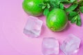 Ripe Organic Limes Fresh Spearmint Melted Ice Cubes on Light Fuchsia Pink Background with Water Drops. Mojito Cocktail Ingredients Royalty Free Stock Photo