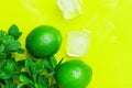 Ripe Organic Limes Fresh Spearmint Melted Ice Cubes on Yellow Background with Water Drops. Mojito Cocktail Ingredients. Vibrant Royalty Free Stock Photo