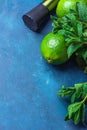 Ripe Organic Limes Fresh Spearmint Muddler on Dark Blue Background. Mojito Cocktail Ingredients. Vibrant Colors Royalty Free Stock Photo