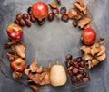 Ripe Organic Red Glossy Apples Pomegranates Chestnuts in Wicker Basket Dry Autumn Leaves Arranged in Circle on Dark Background Royalty Free Stock Photo