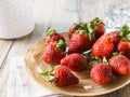 Ripe organic strawberries in a glass bowl. Royalty Free Stock Photo