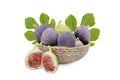 Ripe organic sweet figs ficus carica and green leaf