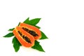 Ripe papaya (Carica papaya L) with leaves isolated with clipping