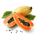 Ripe papaya with green leaves isolated on white background. Royalty Free Stock Photo