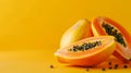 Ripe papaya fruit with seeds, artistically arranged on a bold yellow backdrop Royalty Free Stock Photo