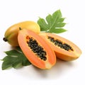 Ripe papaya with green leaves isolated on white background. AI generated Royalty Free Stock Photo