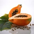 Ripe papaya with green leaves isolated on white background. AI generated