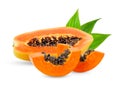 Ripe papaya slices with leaf isolated on white background Royalty Free Stock Photo