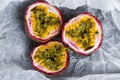 Ripe passion fruit on a crumpled paper