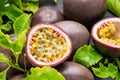 Ripe passion fruits with passion fruit seeds
