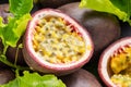 Ripe passion fruits with passion fruit seeds