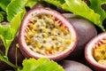 Ripe passion fruits with passion fruit seeds.