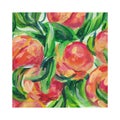 Ripe peach fruit on branches with leaves. Acrylic painting card for design and print. Hand draw contemporary artwork Royalty Free Stock Photo