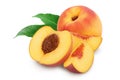 Ripe peach fruit half with slices isolated on white background with clipping path and full depth of field Royalty Free Stock Photo