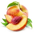 Ripe peach fruit with leaves and peach half isolated on white background Royalty Free Stock Photo