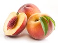 Ripe peach fruit with leaves and slises Royalty Free Stock Photo
