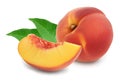 Ripe peach fruit with slices isolated on white background with clipping path and full depth of field Royalty Free Stock Photo