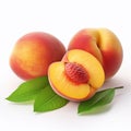 Ripe peach with green leaves isolated on white background. AI generated Royalty Free Stock Photo