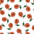 Ripe peach halves with pits and leaves on a white background. Seamless pattern. Watercolor realistic illustration. For printing on Royalty Free Stock Photo