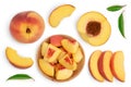 Ripe peach isolated on white background with clipping path. Top view. Flat lay pattern Royalty Free Stock Photo