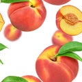 Ripe peach whole and halved seamless texture or pattern