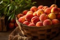 Ripe peaches in a basket on a wooden table. Selective focus, picked peaches on display, AI Generated