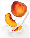 Ripe peaches falling into the milky splash Royalty Free Stock Photo
