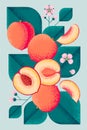 Ripe peaches with leaves and flowers. Illustration with grain and noise texture.