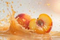 Ripe peaches in refreshing juice splash on white background, isolated for freshness