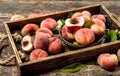 Ripe peaches on a tray. Royalty Free Stock Photo