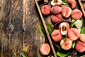 Ripe peaches on a tray. Royalty Free Stock Photo